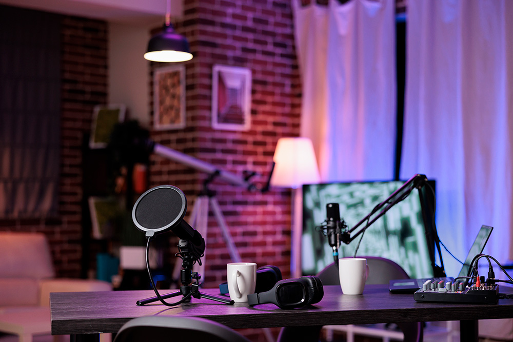 productora-podcast-profesional-madrid Equipo de producción audiovisual y micrófonos en una productora de podcast profesional