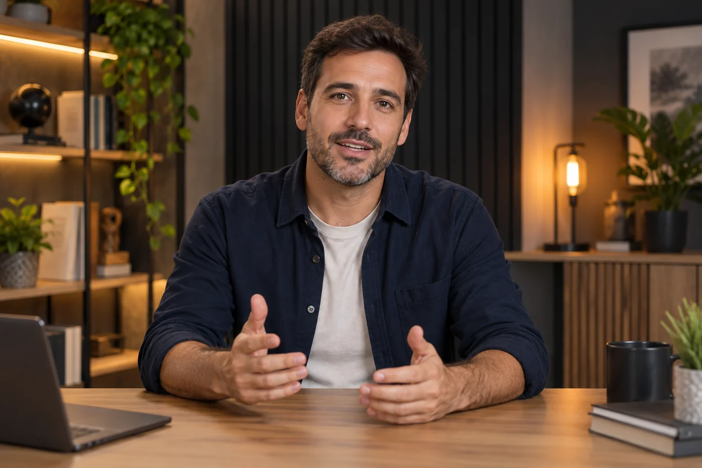 Producción de cursos online con IA 4 Producción de cursos online con IA: presentador virtual en un estudio con iluminación cálida
