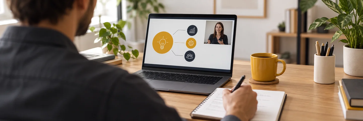 AI training videos with a virtual presenter 2 Professional watching training with a virtual presenter in an AI-generated scene