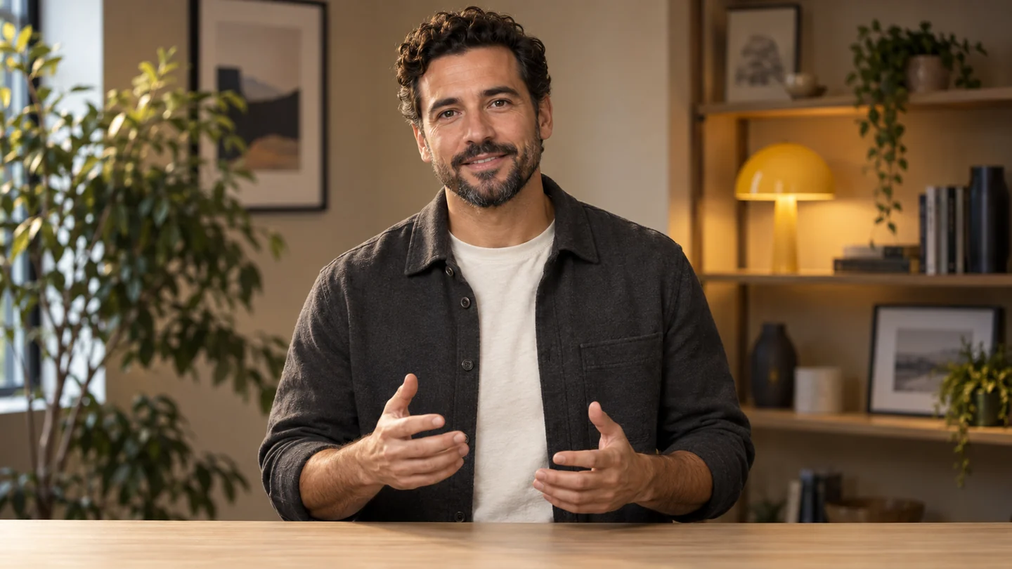Another presenter style for AI training videos Virtual AI training presenter speaking to camera in a warmly lit studio