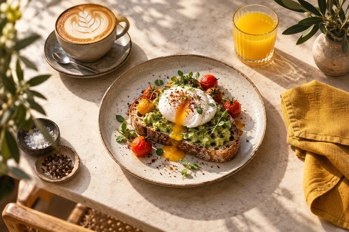 Fotografía y vídeos gastronómicos con IA 1 Mesa de brunch con café y platos variados creada con IA