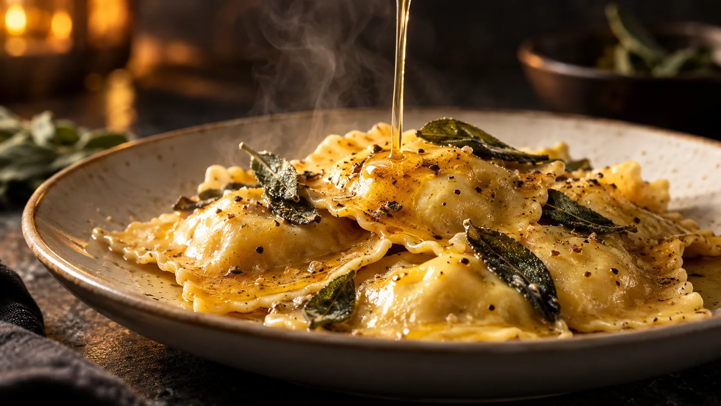 Fotografía y vídeos gastronómicos con IA 3 Salsa sobre pasta rellena en una escena gastronómica creada con IA