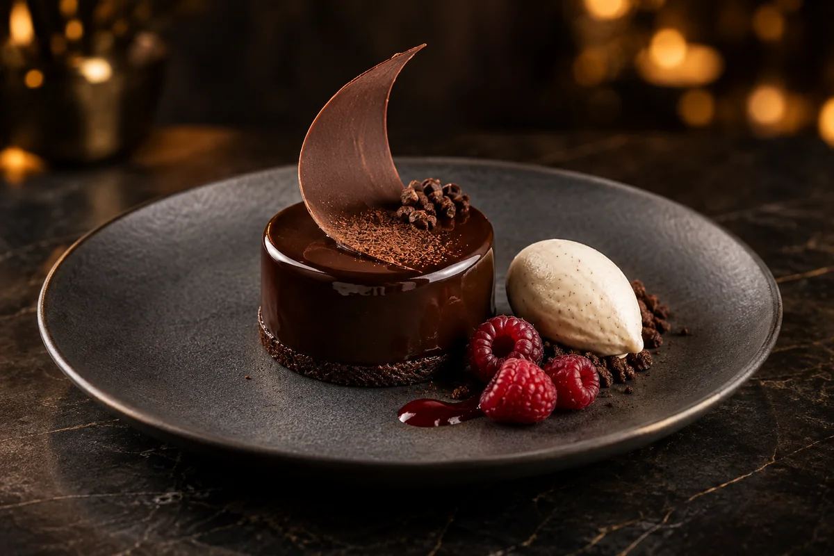 Fotografía y vídeos gastronómicos con IA 2 Postre de chocolate con frutos rojos: fotografía gastronómica con IA