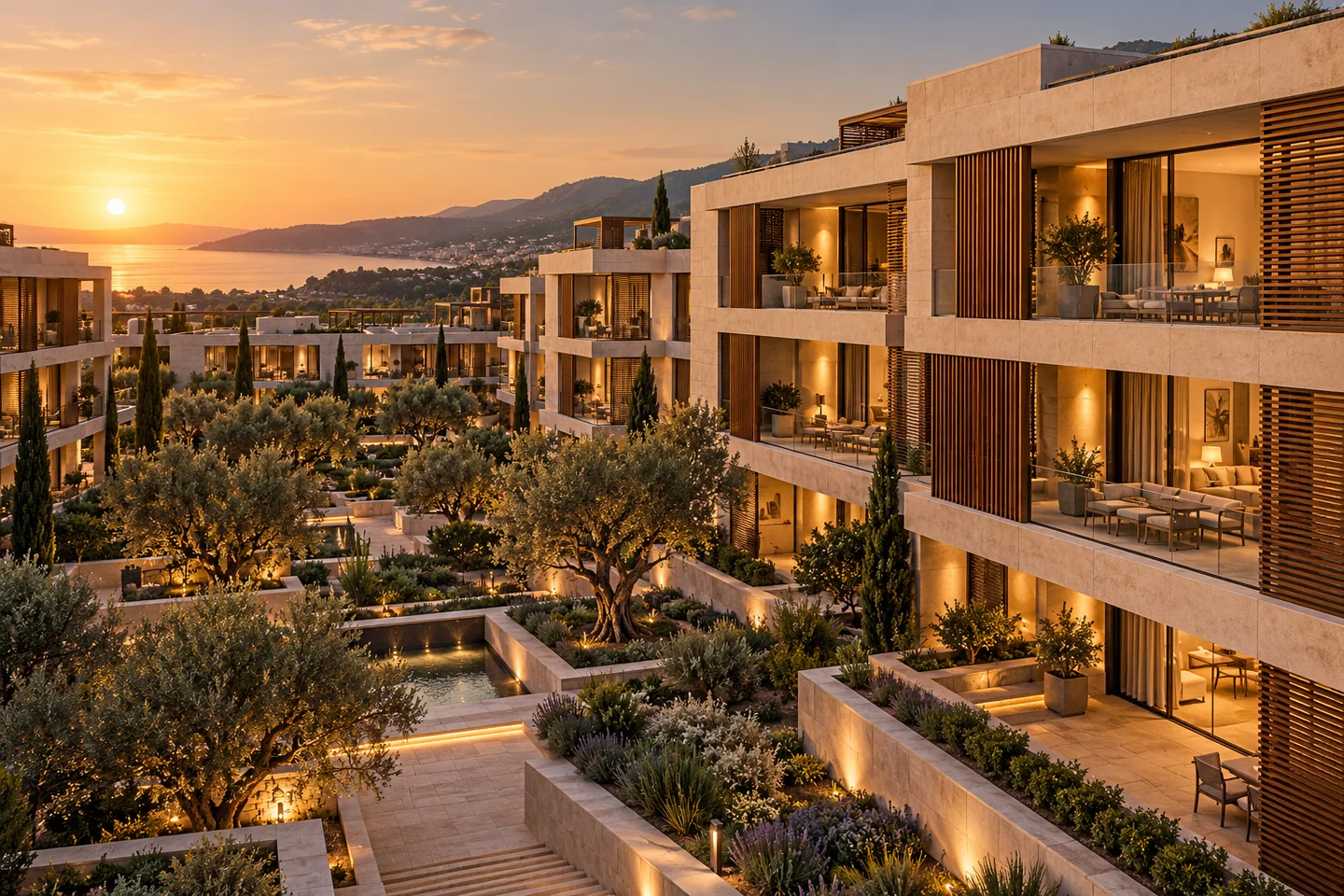 Vídeos inmobiliarios con IA: visualización conceptual de una promoción residencial al atardecer