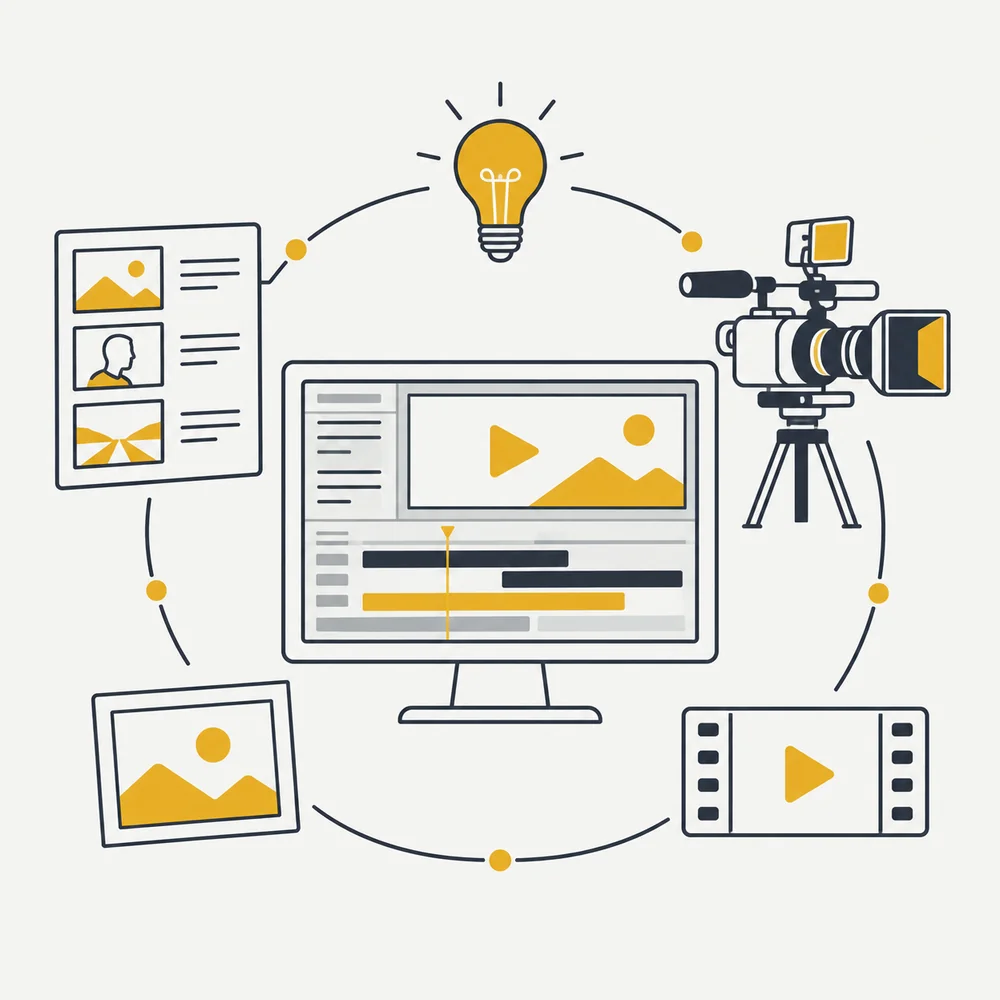 AI videos for businesses 10 Illustration of the audiovisual production process: idea, script, camera and editing