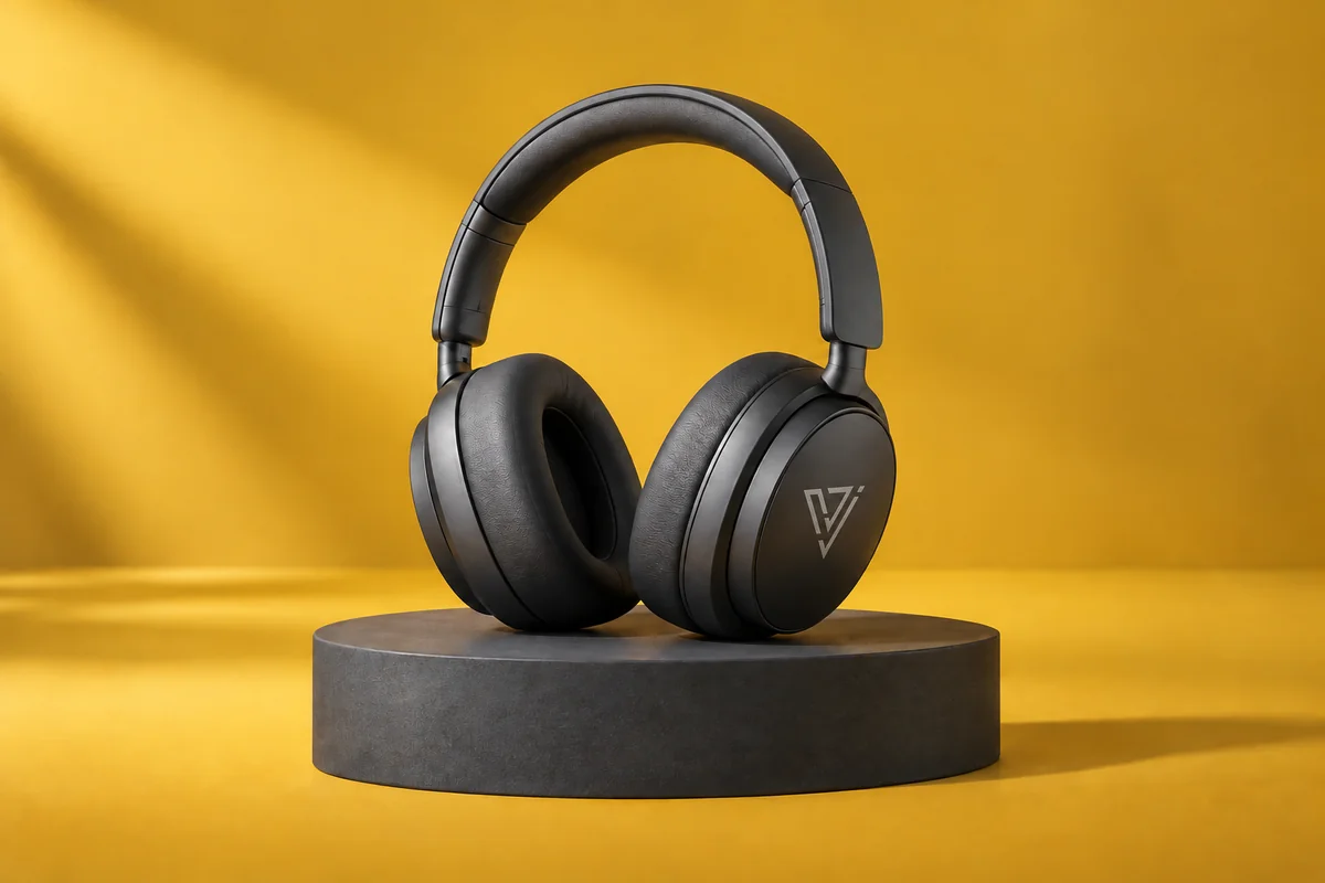 Vídeos con IA 1 Ejemplo de vídeos con IA: auriculares con el logotipo de José Villaescusa sobre fondo amarillo