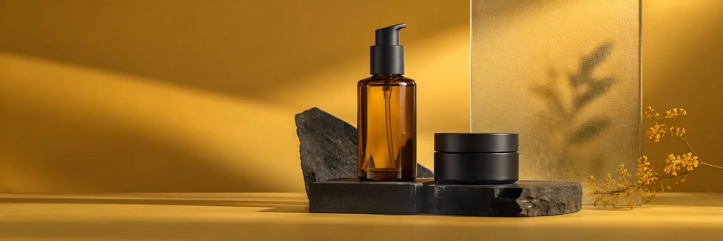 AI-generated cosmetic still life illustrating a product campaign