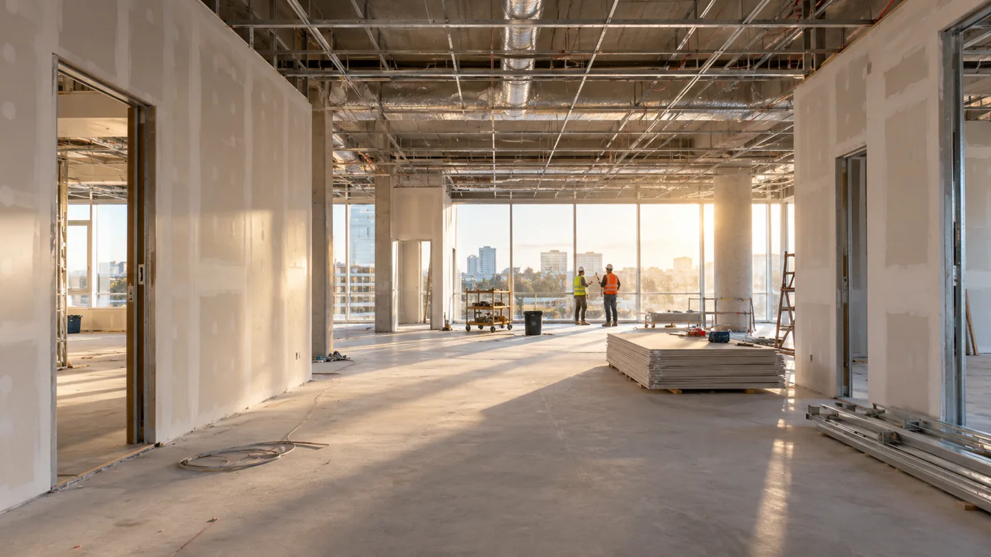 timelapse de reformas interiores: interior de oficinas durante una reforma integral — ilustración con IA