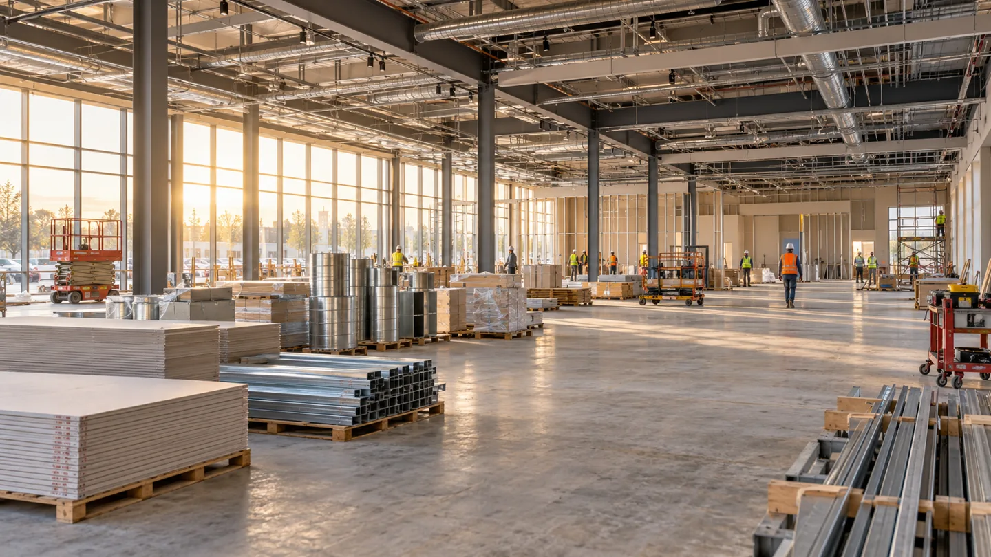 Presupuesto de timelapse de obra: 6 factores para comparar ofertas 1 presupuesto de timelapse de obra: gran espacio comercial durante los trabajos de reforma — ilustración con IA