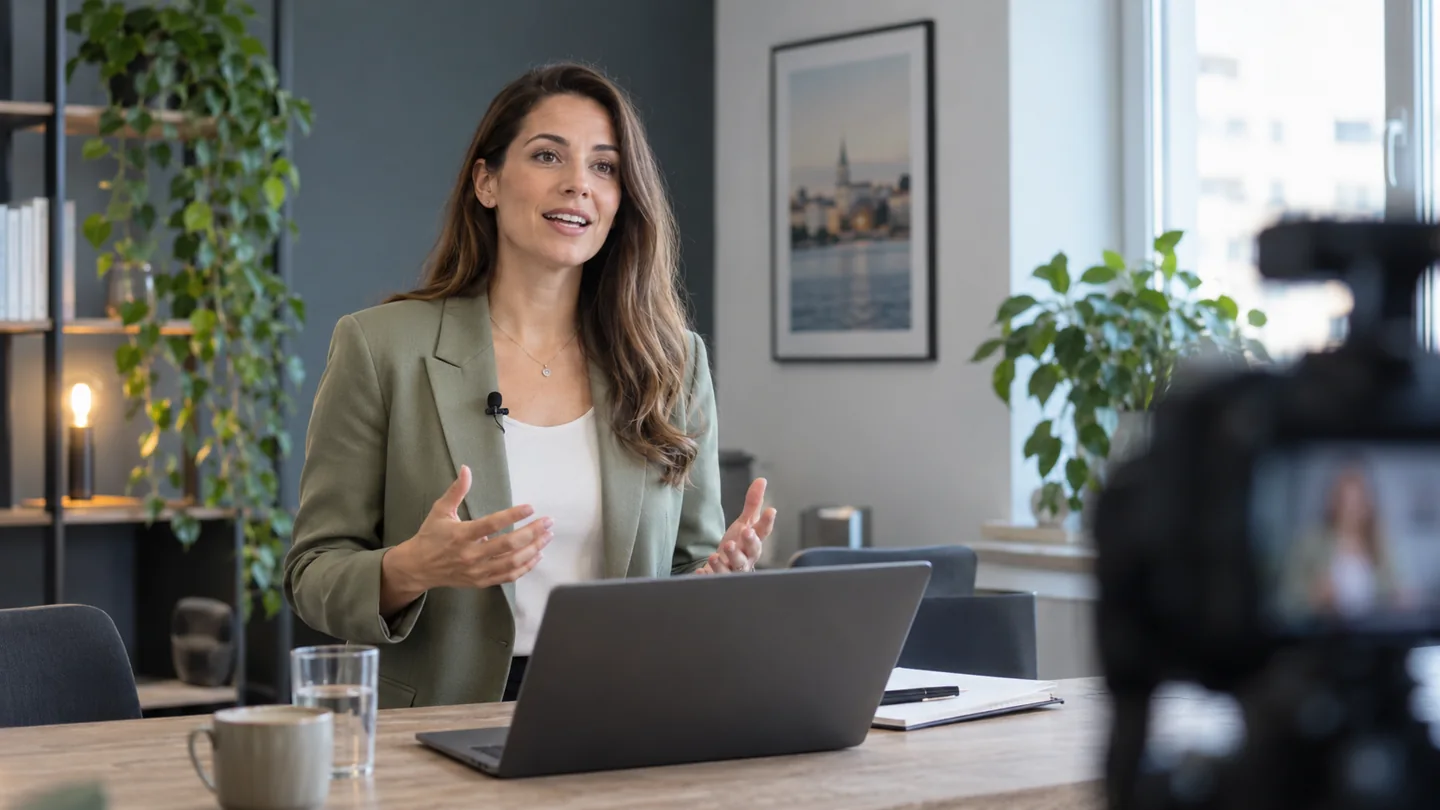 streaming sencillo para empresas: ponente en una presentación empresarial online — ilustración con IA