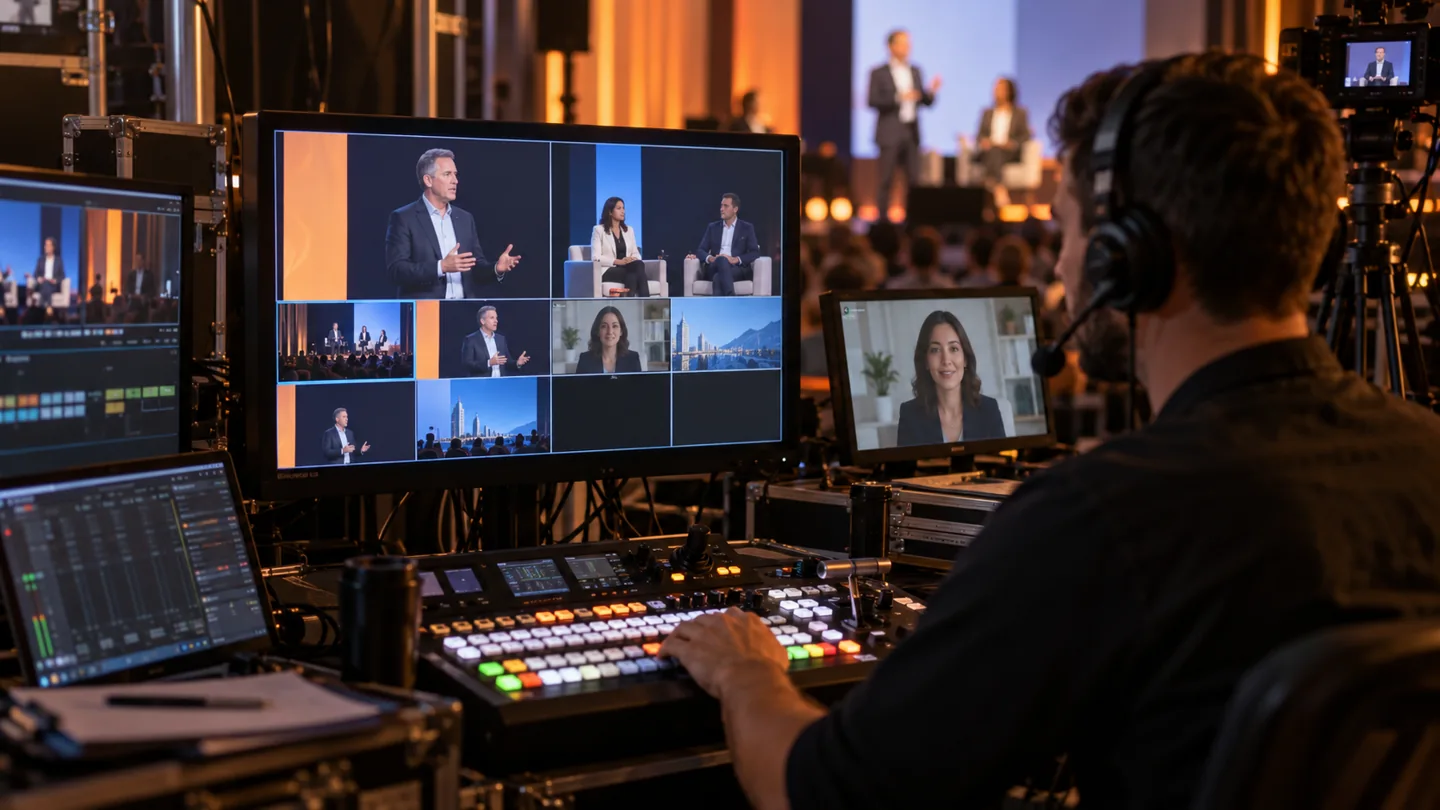 streaming de eventos híbridos: control de realización con ponentes presenciales y remotos — ilustración con IA
