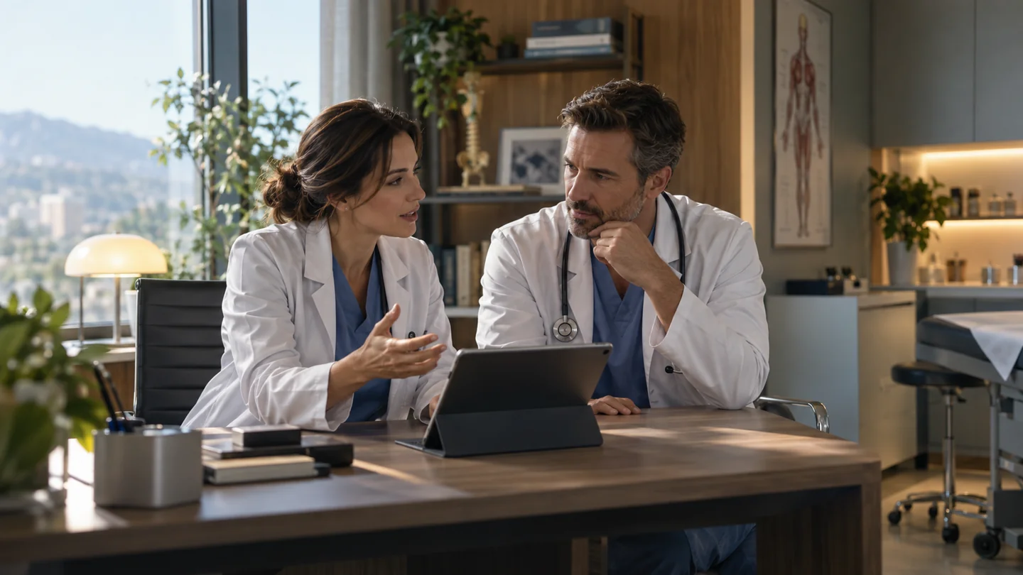 Vídeo corporativo con IA 4 Vídeo corporativo con IA: dos médicos conversan en una consulta