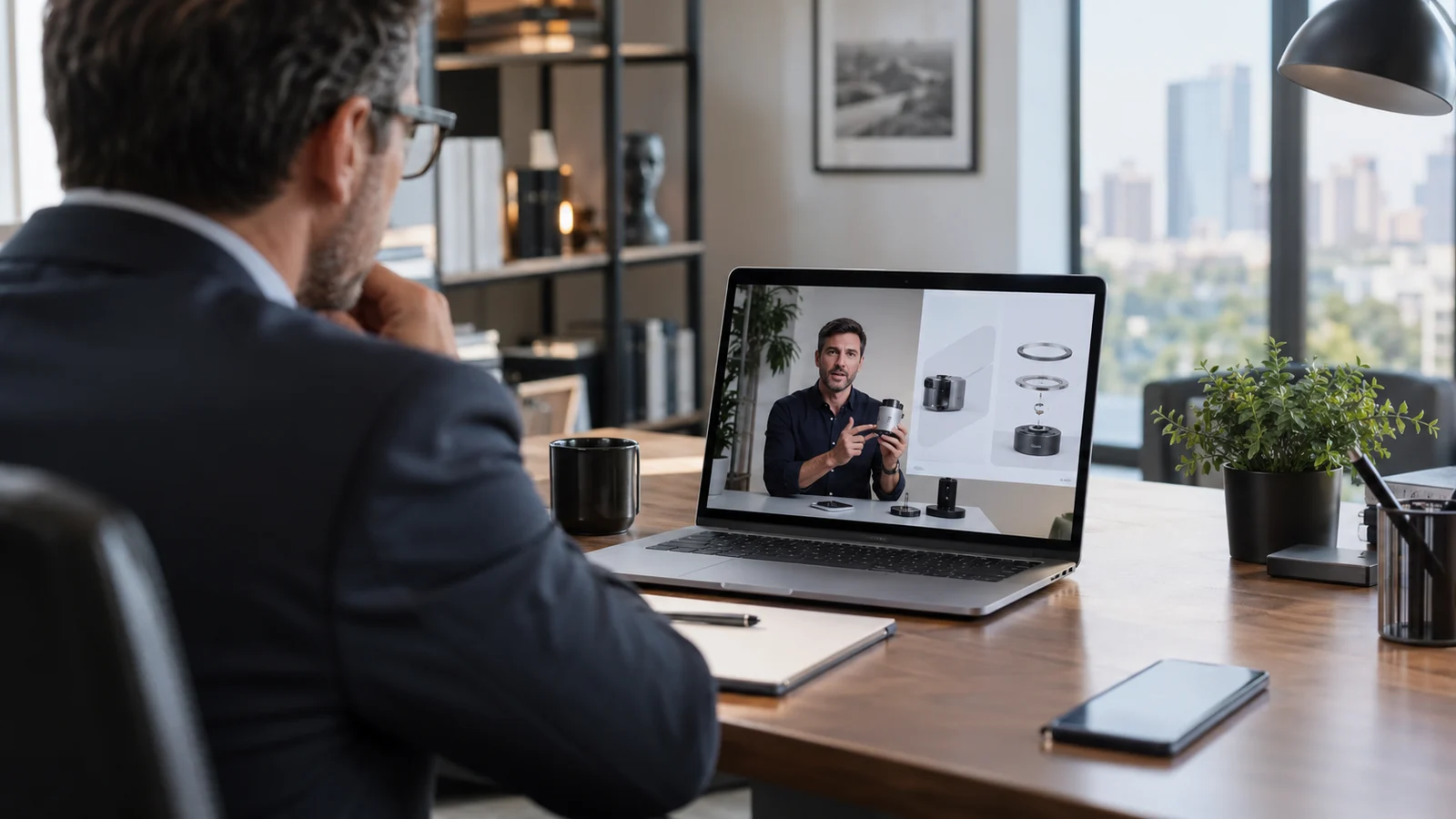 Participante siguiendo un webinar de presentación de producto — ilustración con IA